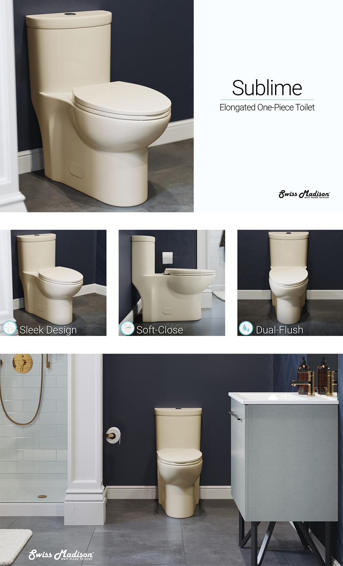 Swiss Madison Sublime 1Piece 0.8/1.28 GPF Dual Flush Elongated Toilet